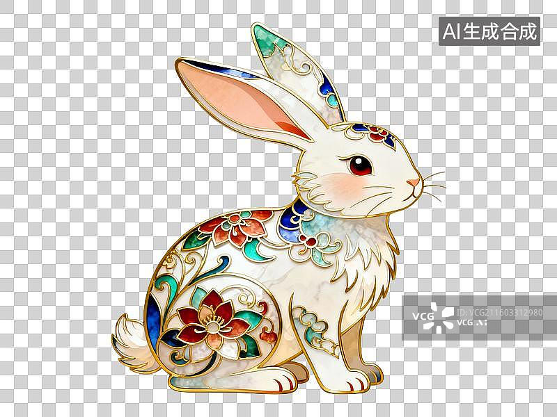 【AI数字艺术】带有花卉图案的彩色装饰兔子图片素材