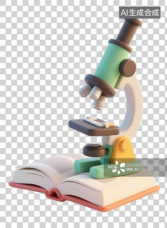 【AI数字艺术】AIGC：3D卡通打开的书和显微镜，生物科学教育科目，教育主题元素，免抠图形图片素材