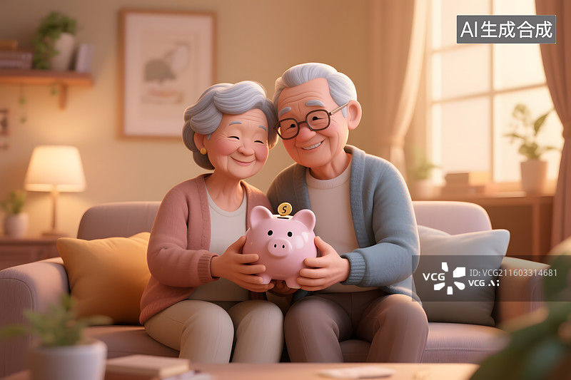 【AI数字艺术】老年夫妻抱着存钱罐安享晚年退休生活3d图片素材