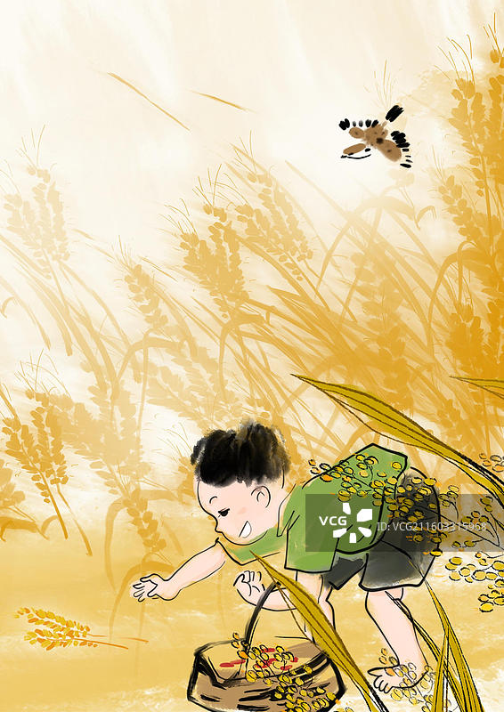 中国文化 水墨 艺术 插图 农业 农村 水稻 粮食 收获 丰收图片素材