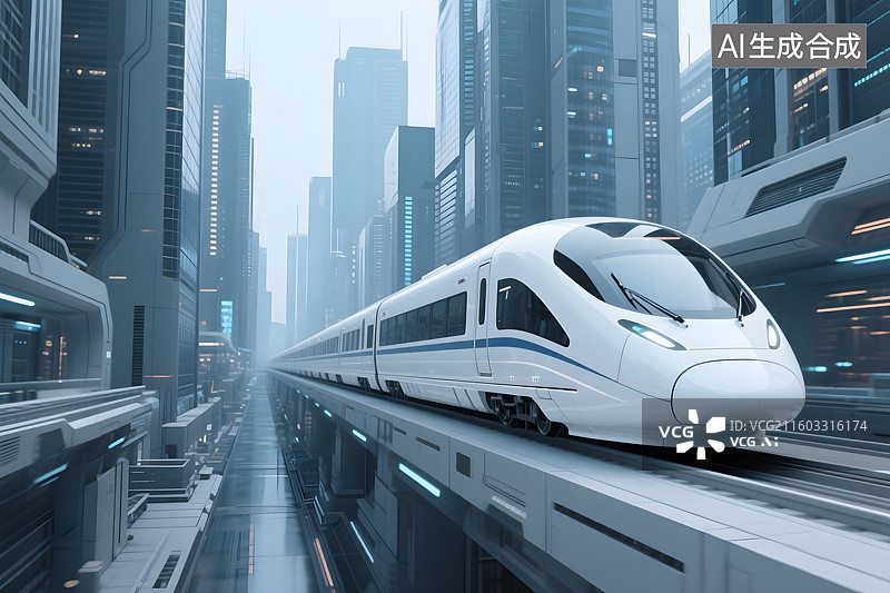 【AI数字艺术】科技风未来城市穿梭的高铁列车白模图片素材