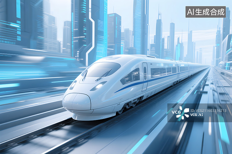 【AI数字艺术】科技风未来城市穿梭的高铁列车白模图片素材