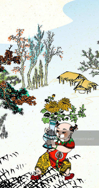 古代 年俗 中国风 传统文化 木版水印 非遗 年画 采菊东篱下 隐逸图片素材