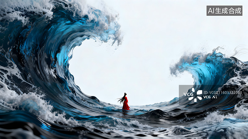 【AI数字艺术】手绘精卫填海 海浪女孩图片素材