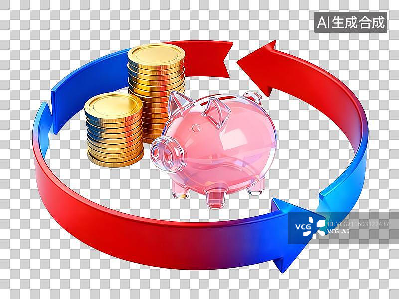 【AI数字艺术】3D循环箭头符号和小猪扑满存钱罐和一堆金币，代表财富循环和安全守护概念，免扣元素图片素材