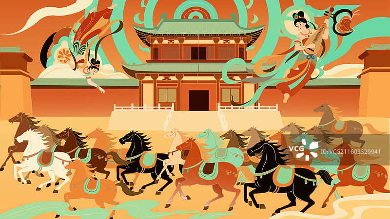马年敦煌风格群马插画图片素材
