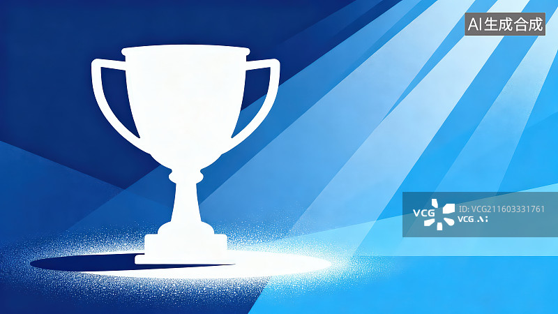 【AI数字艺术】深蓝色渐变背景下发光的背光奖杯形状轮廓图片素材