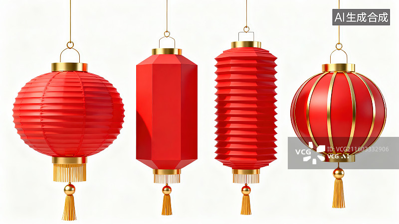 【AI数字艺术】白色背景下传统节日庆祝活动中国红色灯笼图片素材