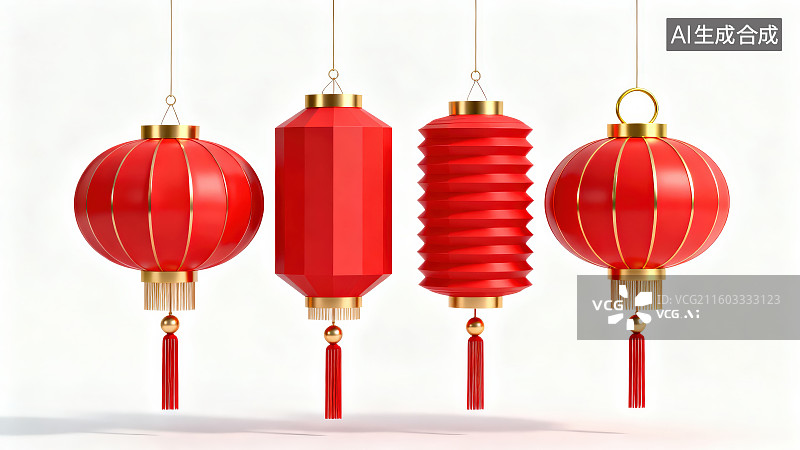 【AI数字艺术】白色背景下传统节日庆祝活动中国红色灯笼图片素材