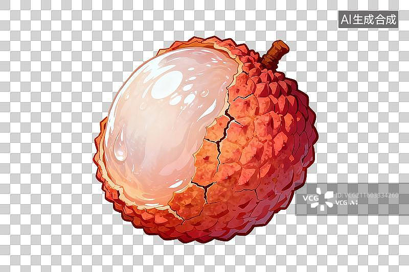【AI数字艺术】卡通风格，一颗剥开外皮的荔枝，晶莹剔透的果肉PNG格式的免扣元素图片素材