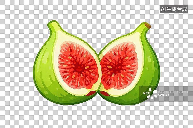 【AI数字艺术】卡通风格，对半切开的无花果，露出红色的果肉PNG格式的免扣元素图片素材
