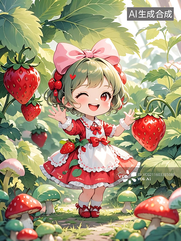 【AI数字艺术】草莓仙境中的可爱小女孩图片素材