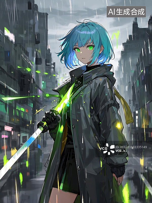 【AI数字艺术】赛博朋克风格的雨中持剑少女图片素材