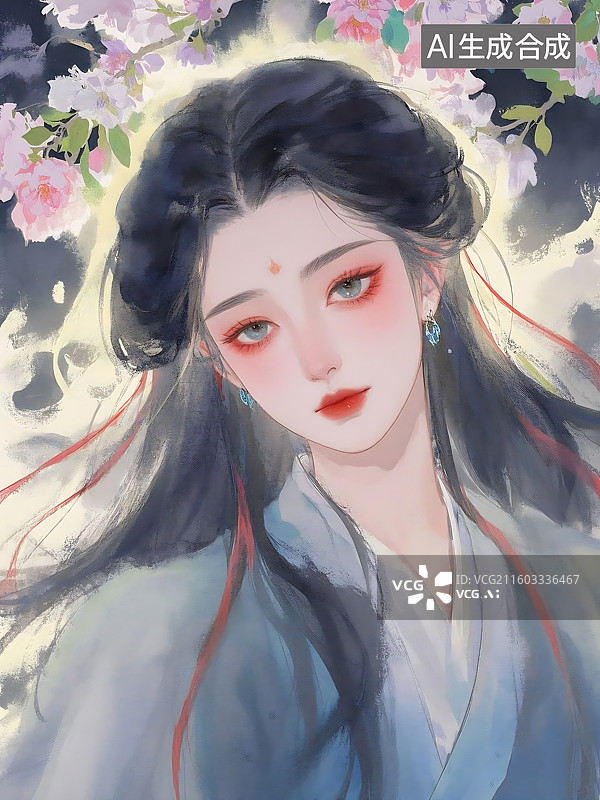 【AI数字艺术】古典美人图：花团锦簇下的女子图片素材