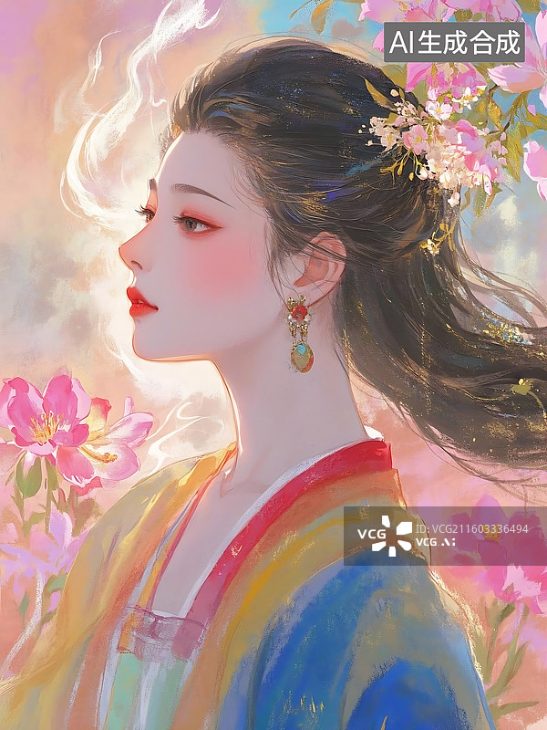 【AI数字艺术】古典美人与粉色花卉的唯美结合图片素材