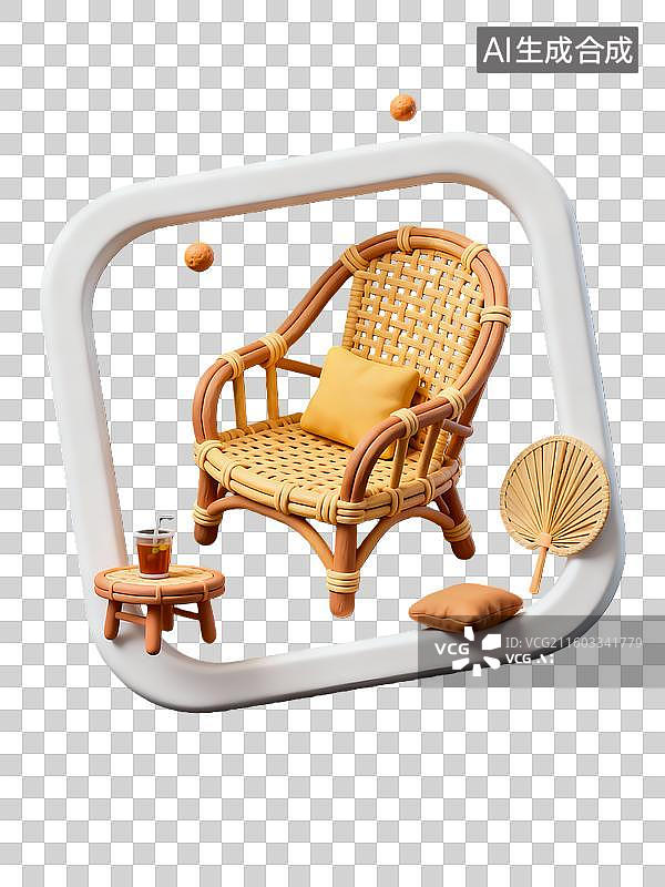 【AI数字艺术】3d粘土质感夏季节气藤椅纳凉组合边框元素图片素材