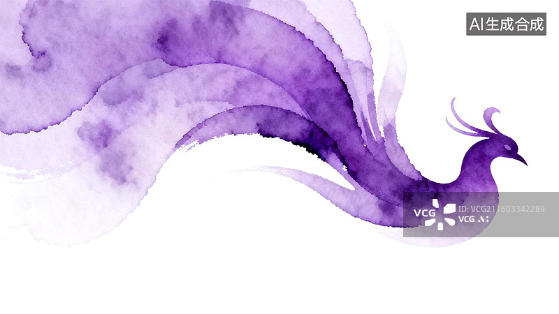 【AI数字艺术】紫色水彩凤凰展翅，色彩渐变柔和，背景简洁突出主体图片素材