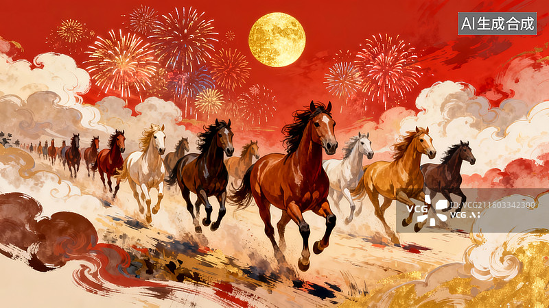 【AI数字艺术】群马奔涌国风感艺术场景图片素材