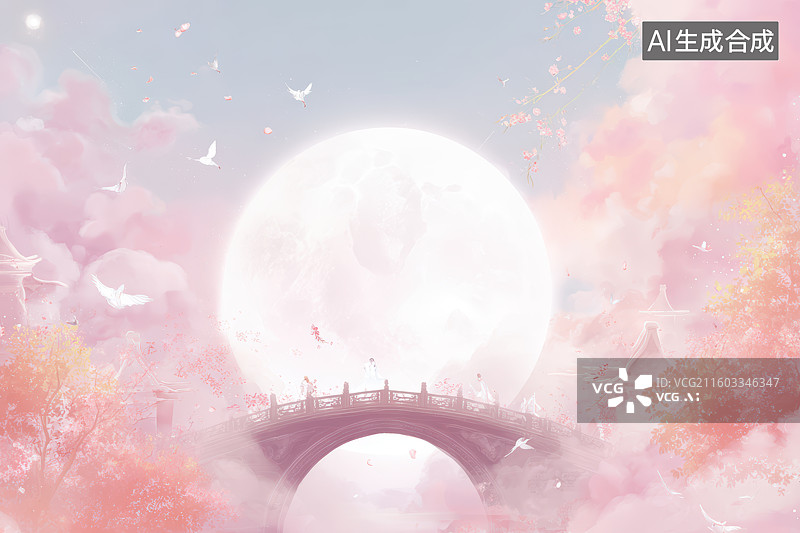 【AI数字艺术】粉月桥鸟意境插画图片素材