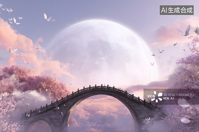 【AI数字艺术】粉月桥鸟意境插画图片素材
