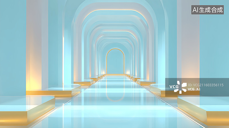 【AI数字艺术】室内蓝色玻璃幕墙建筑空间抽象商务科技背景图片素材
