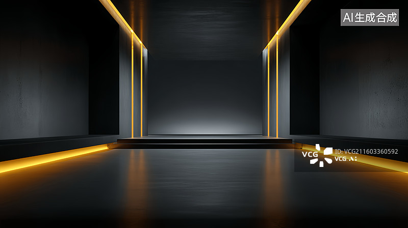 【AI数字艺术】黑金风格发光线条室内建筑空间走廊抽象商务科技背景图片素材