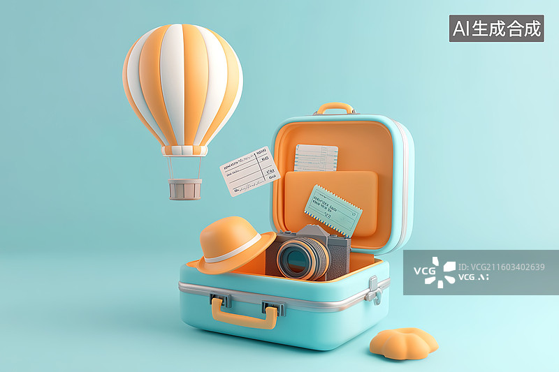 【AI数字艺术】3D卡通风格旅行箱热气球旅行概念插画图片素材