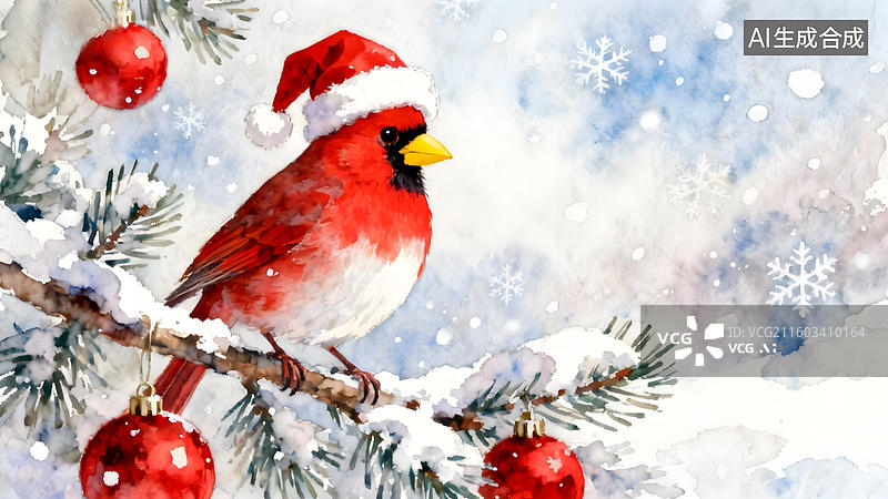 【AI数字艺术】戴圣诞帽的红雀栖息雪枝图片素材