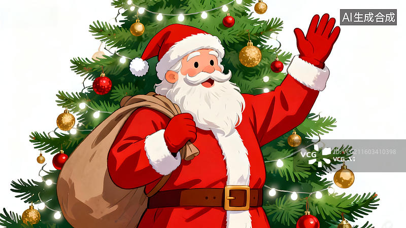 【AI数字艺术】圣诞老人站在装饰圣诞树前图片素材