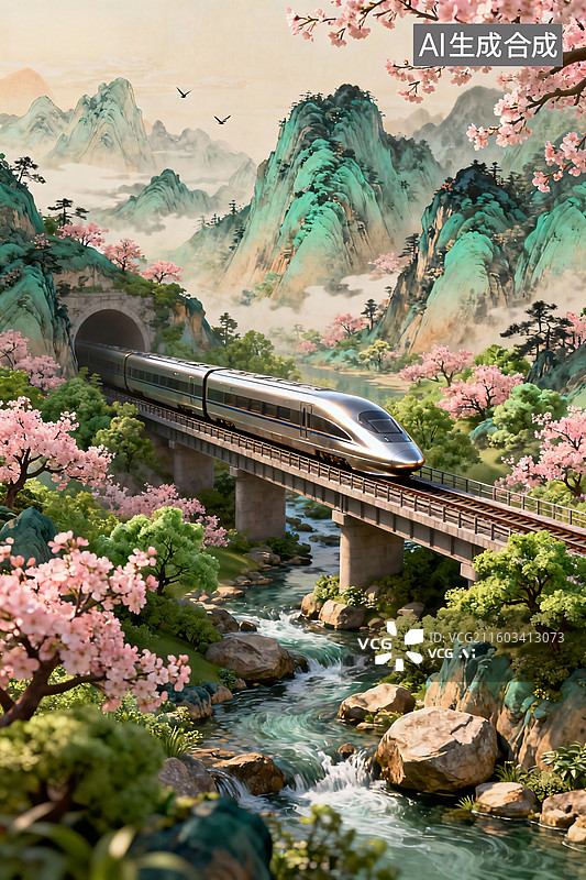 【AI数字艺术】高铁穿行山水间图片素材