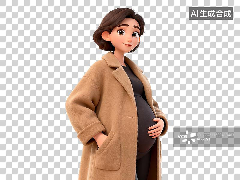 【AI数字艺术】母婴亲子主题 孕妇穿着驼色大衣侧身站立图片素材