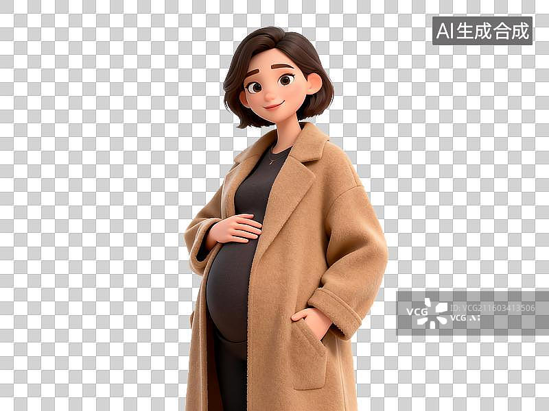【AI数字艺术】母婴亲子主题 孕妇穿着驼色大衣侧身站立图片素材