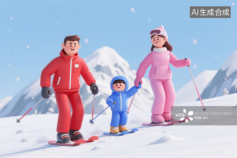 【AI数字艺术】一家人在雪地滑雪其乐融融图片素材