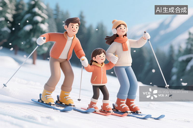 【AI数字艺术】一家人在雪地滑雪的欢乐场景图片素材