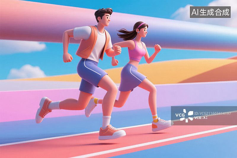 【AI数字艺术】两人在彩色跑道上跑步图片素材