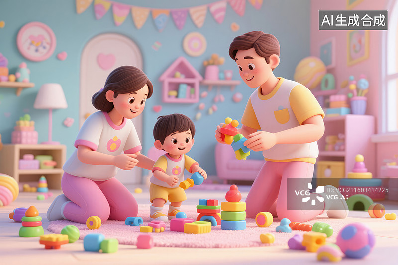 【AI数字艺术】温馨家庭欢乐积木时光图片素材