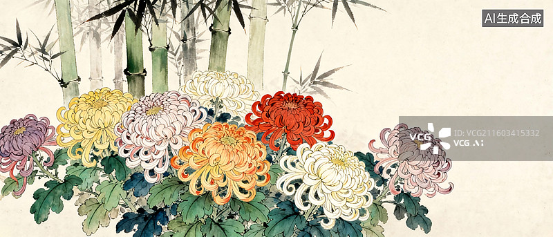 【AI数字艺术】传统工笔国画水墨菊竹图图片素材