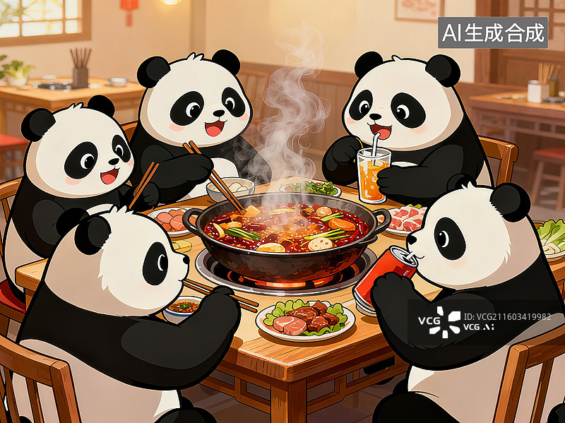 【AI数字艺术】熊猫吃四川火锅 成都火锅 辣火锅 热气腾腾 冬天 大熊猫 卡通 可爱 重庆火锅 动漫图片素材