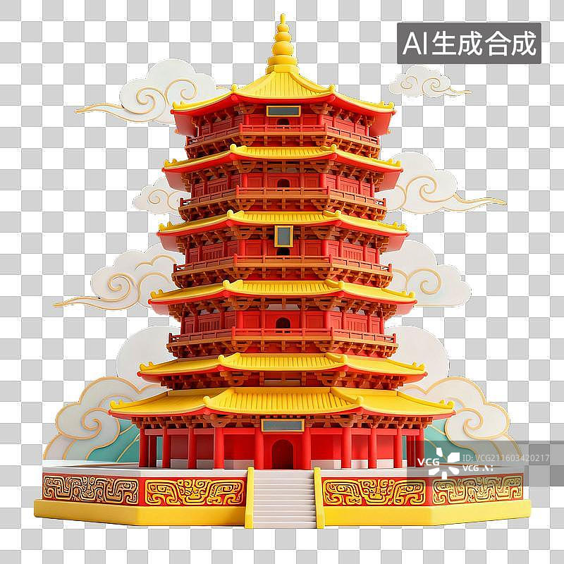 【AI数字艺术】3D国潮风传统建筑，园林，亭台楼阁 影壁墙，廊桥，塔，院子，蒙古包图片素材