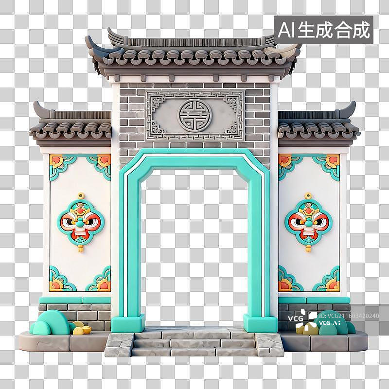 【AI数字艺术】3D国潮风传统建筑，园林，亭台楼阁 影壁墙，廊桥，塔，院子，蒙古包图片素材
