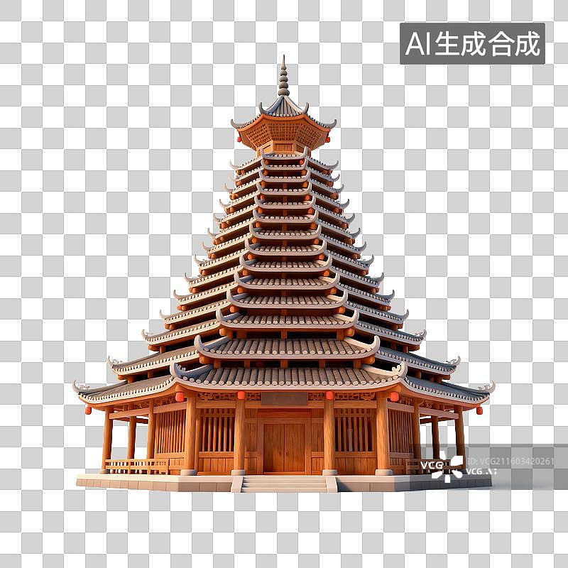 【AI数字艺术】3D国潮风传统建筑，园林，亭台楼阁 影壁墙，廊桥，塔，院子，蒙古包图片素材