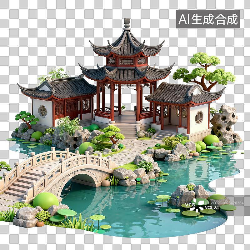 【AI数字艺术】3D国潮风传统建筑，园林，亭台楼阁 影壁墙，廊桥，塔，院子，蒙古包图片素材