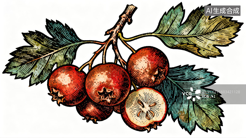 【AI数字艺术】手绘山楂枝插画图片素材