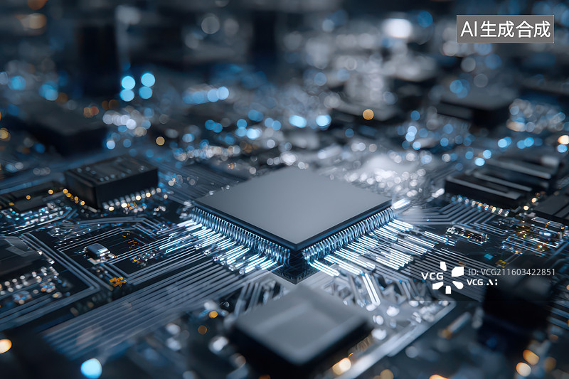 【AI数字艺术】黑色芯片电路板光点科技感特写图图片素材