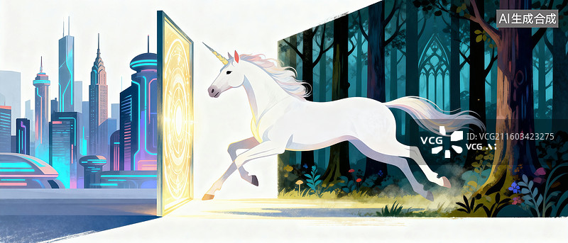 【AI数字艺术】在城市与森林之间穿梭的独角兽图片素材