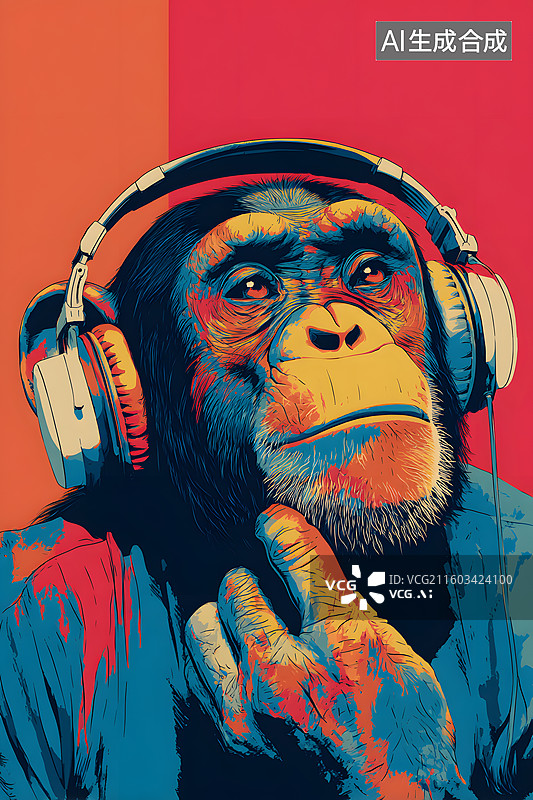 【AI数字艺术】时尚大猩猩戴着耳机听音乐图片素材