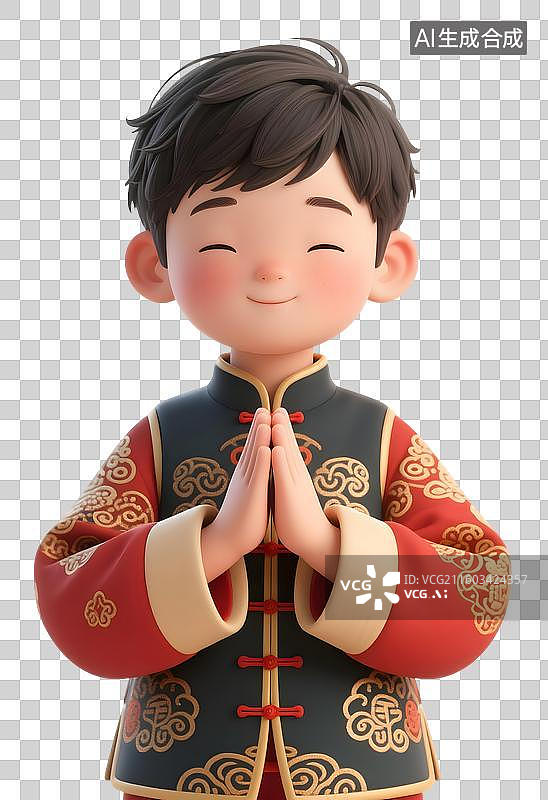 【AI数字艺术】AIGC：3D穿着传统服饰的男孩，双手合十许愿，元素，免抠图形图片素材