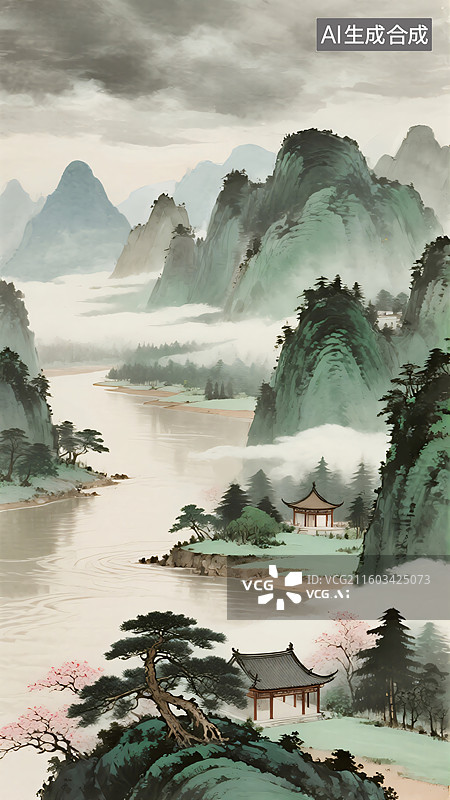 【AI数字艺术】多云荆楚山水画卷图片素材