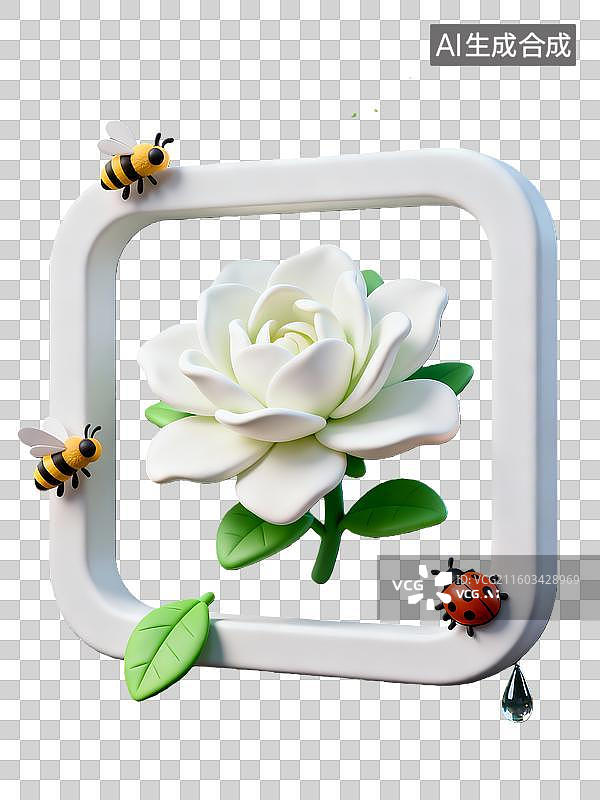 【AI数字艺术】3d粘土质感夏日蜜蜂茉莉花边框场景元素图片素材