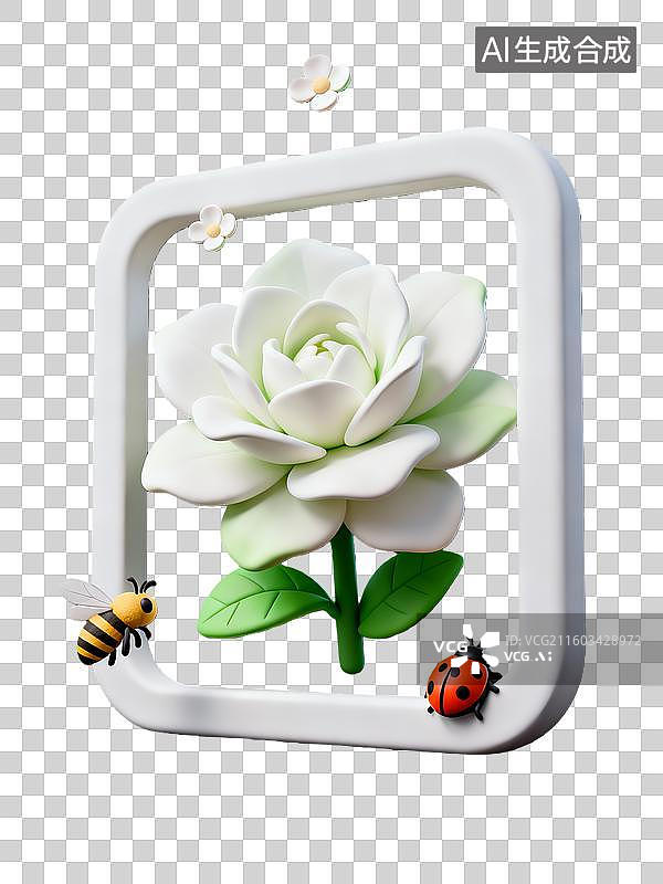 【AI数字艺术】3d粘土质感夏日蜜蜂茉莉花边框场景元素图片素材